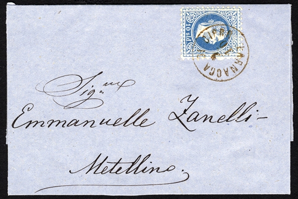 BRITISH COMMONWEALTH CYPRUS 1870 (9 Oct) outer FL franked with Austrian Levant 10sld Franz Josef, tied by a perfect strike of "Larnacca di Cipro 9/10" pmk, sent to Metelin, with 12/10 arrival...
