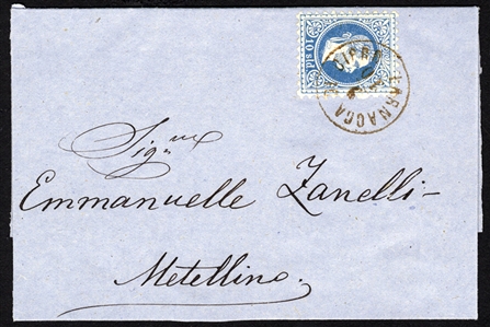 BRITISH COMMONWEALTH CYPRUS 1870 (9 Oct) outer FL franked with Austrian Levant 10sld Franz Josef, tied by a perfect strike of "Larnacca di Cipro 9/10" pmk, sent to Metelin, with 12/10 arrival...