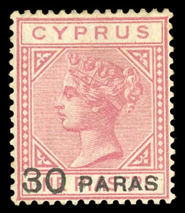 BRITISH COMMONWEALTH CYPRUS (17) 1892 30pa on 1pi rose, h.r., fine and scarce stamp, with 1980 Friedl certificate (SG 24, £1,600) cat. $1,750
