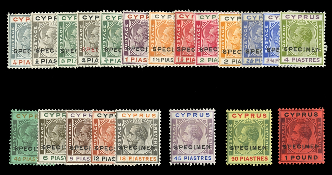 BRITISH COMMONWEALTH CYPRUS (89/110S) 1924-28 1/4pi-£1, complete set, overprinted Specimen, h.r., 1p defective, others fine-v.f. (SG 102-122s) £1,100