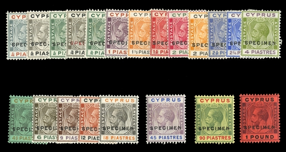 BRITISH COMMONWEALTH CYPRUS (89/110S) 1924-28 1/4pi-£1, complete set, overprinted Specimen, h.r., 1p defective, others fine-v.f. (SG 102-122s) £1,100
