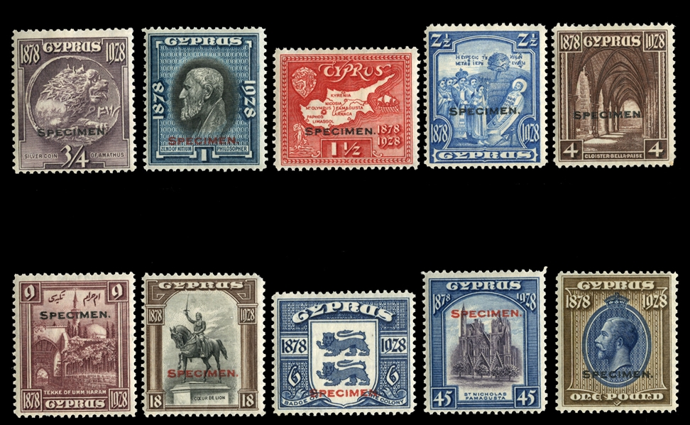 BRITISH COMMONWEALTH CYPRUS (114-123S) 1928 50th Anniversary as a British Colony, complete set, overprinted Specimen, h.r., fine-v.f. (SG 123-132s) £700