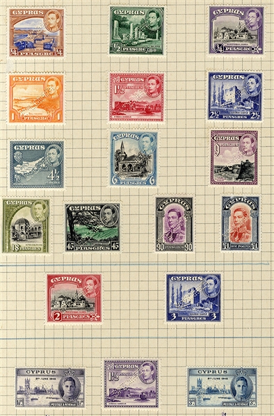 BRITISH COMMONWEALTH CYPRUS (SG 151-65S) 1938-46 George VI, complete set, also the Victory set of two, all perforated Specimen, adhered on presentation sheet, fine-v.f., £990