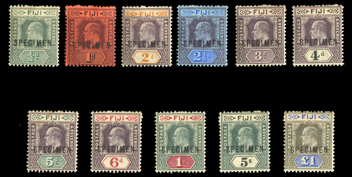 BRITISH COMMONWEALTH FIJI (59-69S) 1903 KEVII, 1/2p-£1, complete set, overprinted Specimen, part original gum (heavy adhesions), fine-v.f. (SG 104-114s) £325