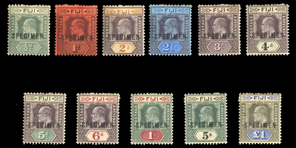 BRITISH COMMONWEALTH FIJI (59-69S) 1903 KEVII, 1/2p-£1, complete set, overprinted Specimen, part original gum (heavy adhesions), fine-v.f. (SG 104-114s) £325