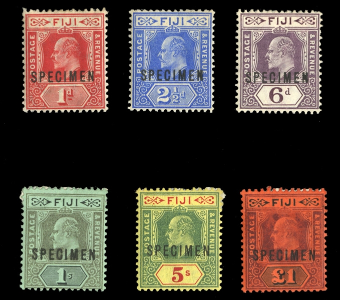 BRITISH COMMONWEALTH FIJI (71/78S) 1906-12 KEVII, 1p-£1, set of six, overprinted Specimen, part original gum (heavy adhesions), fine-v.f. (SG 119-124s) £375