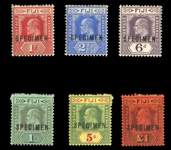 BRITISH COMMONWEALTH FIJI (71/78S) 1906-12 KEVII, 1p-£1, set of six, overprinted Specimen, part original gum (heavy adhesions), fine-v.f. (SG 119-124s) £375