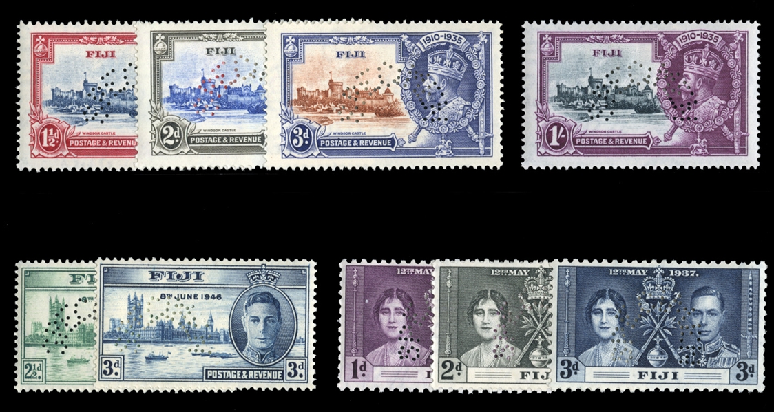 BRITISH COMMONWEALTH FIJI (110/138S) 1935-46 Silver Jubilee, Coronation and Peace, complete sets, perforated Specimen, h.r., fine-v.f. (SG 242/269s) £350