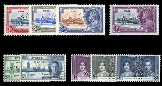 BRITISH COMMONWEALTH FIJI (110/138S) 1935-46 Silver Jubilee, Coronation and Peace, complete sets, perforated Specimen, h.r., fine-v.f. (SG 242/269s) £350