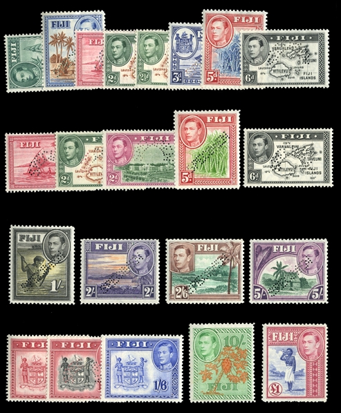 BRITISH COMMONWEALTH FIJI (117-135S) 1938-55 George VI, 1/2p-5sh, set of 18, perforated Specimen (complete as issued), plus four additional values 8p, 1sh6p, 10sh and £1, h.r., 2sh6p with faint...