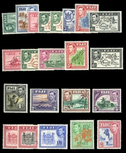 BRITISH COMMONWEALTH FIJI (117-135S) 1938-55 George VI, 1/2p-5sh, set of 18, perforated Specimen (complete as issued), plus four additional values 8p, 1sh6p, 10sh and £1, h.r., 2sh6p with faint...
