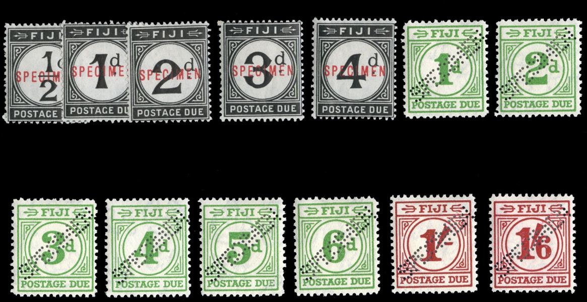 BRITISH COMMONWEALTH FIJI Postage Dues (J7-19S) 1918-40 Postage Dues, complete sets, overprinted or perforated Specimen, h.r., fine-v.f. (SG D6-18s) £410