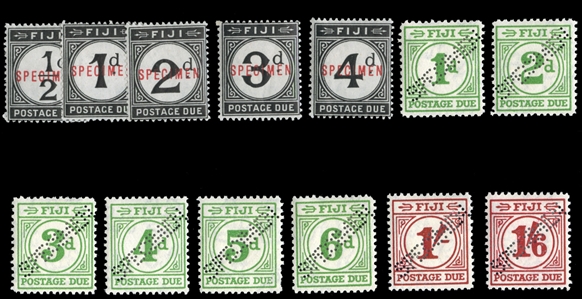 BRITISH COMMONWEALTH FIJI Postage Dues (J7-19S) 1918-40 Postage Dues, complete sets, overprinted or perforated Specimen, h.r., fine-v.f. (SG D6-18s) £410