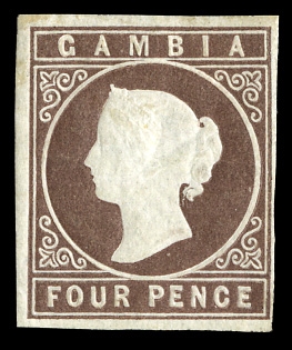 BRITISH COMMONWEALTH GAMBIA (1) 1869 4p pale brown, small h.r., margins clear at right, full on other sides, fine, with 1964 Diena certificate (SG 2) £500