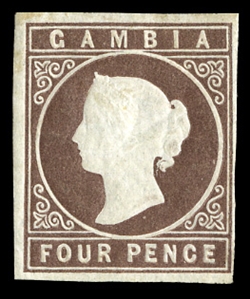 BRITISH COMMONWEALTH GAMBIA (1) 1869 4p pale brown, small h.r., margins clear at right, full on other sides, fine, with 1964 Diena certificate (SG 2) £500