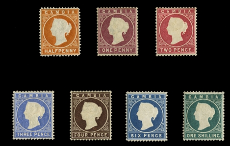 BRITISH COMMONWEALTH GAMBIA (5-11) 1880 1/2p-1sh, set of seven, h.r., 2p with faint toned spot, otherwise fine-v.f., signed Diena (SG 10B-20B) £800