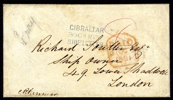 BRITISH COMMONWEALTH GIBRALTAR 1851 pre-paid stampless cover to England showing a red ms "8", under the British arrival date stamp there is a faint "Gibraltar Paid" in red, and struck on front...