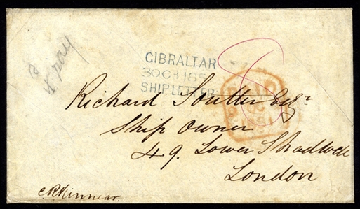 BRITISH COMMONWEALTH GIBRALTAR 1851 pre-paid stampless cover to England showing a red ms "8", under the British arrival date stamp there is a faint "Gibraltar Paid" in red, and struck on front...