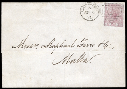 BRITISH COMMONWEALTH GIBRALTAR 1875 (6 Sep) FL to Malta franked with Great Britain Queen Victoria 2 1/2d rosy mauve on blued paper (Plate 1), tied by Gibraltar "A26" duplex, Malta (Sep 11)...