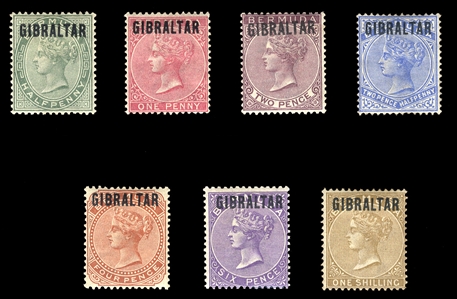 BRITISH COMMONWEALTH GIBRALTAR (1-7) 1886 overprints, 1/2p-1sh, set of seven, h.r., fine-v.f., signed Brun, etc. (SG 1-7) £1,200