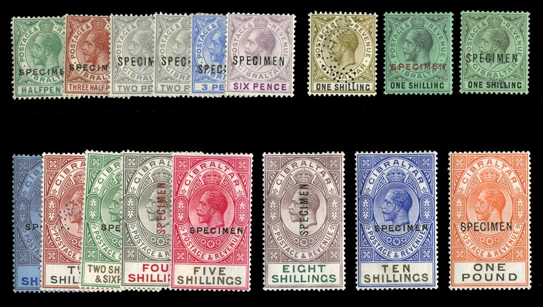 BRITISH COMMONWEALTH GIBRALTAR (76-92S) 1921-32 George V, 1/2p-£1, set of 17, overprinted or perforated Specimen, h.r., fine-v.f. (SG 89-107s) £1,100