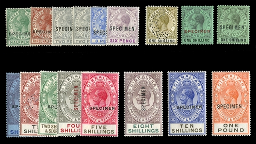 BRITISH COMMONWEALTH GIBRALTAR (76-92S) 1921-32 George V, 1/2p-£1, set of 17, overprinted or perforated Specimen, h.r., fine-v.f. (SG 89-107s) £1,100