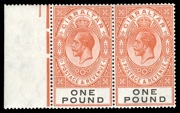 BRITISH COMMONWEALTH GIBRALTAR (92) 1925 £1 red-orange and black, left margin horizontal pair, h.r. at right, left stamp n.h., v.f. (catalogue value for hinged singles) £380