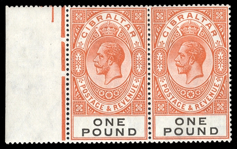 BRITISH COMMONWEALTH GIBRALTAR (92) 1925 £1 red-orange and black, left margin horizontal pair, h.r. at right, left stamp n.h., v.f. (catalogue value for hinged singles) £380