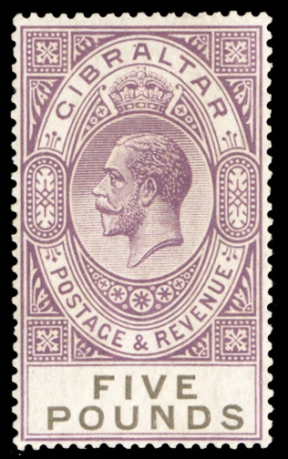 BRITISH COMMONWEALTH GIBRALTAR (93) 1925 £5 violet & black, l.h. (if at all),  well centered and fresh, v.f. (SG 108) £1,600