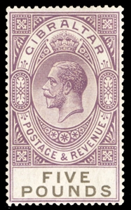 BRITISH COMMONWEALTH GIBRALTAR (93) 1925 £5 violet & black, l.h. (if at all),  well centered and fresh, v.f. (SG 108) £1,600