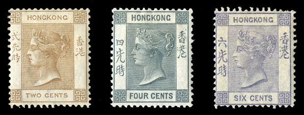 BRITISH COMMONWEALTH HONG KONG (8,10,12) 1863 2c brown, 4c slate, 6c lilac, three different, unused, with full original gum, h.r., fine (SG 8a,9b,10) £700