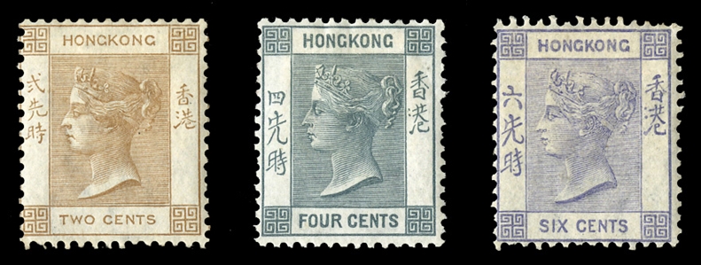 BRITISH COMMONWEALTH HONG KONG (8,10,12) 1863 2c brown, 4c slate, 6c lilac, three different, unused, with full original gum, h.r., fine (SG 8a,9b,10) £700