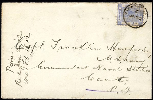 BRITISH COMMONWEALTH HONG KONG 1902 (20 Jan) cover from Shanghai to the commandant of the US Naval Station, Cavite, Philippines, franked with 10c Victoria, with "U.S.S. Wilmington" rooster...