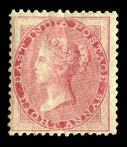 BRITISH COMMONWEALTH INDIA (SG 48) 1856 8a carmine, unused, disturbed gum, excellent color, fine and rare stamp, £1,600