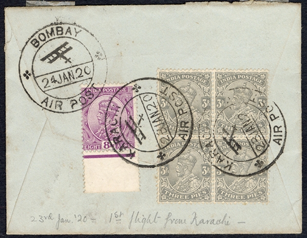BRITISH COMMONWEALTH INDIA Flight Covers 1920 (23 Jan) Karachi to Bombay experimental air service first flight franked on back with single 8a and block of 4x3p George V stamps, canceled by the...