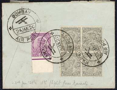 BRITISH COMMONWEALTH INDIA Flight Covers 1920 (23 Jan) Karachi to Bombay experimental air service first flight franked on back with single 8a and block of 4x3p George V stamps, canceled by the...