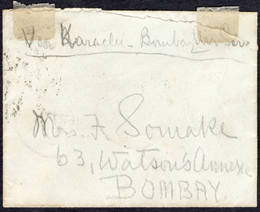 BRITISH COMMONWEALTH INDIA Flight Covers 1920 (23 Jan) Karachi to Bombay experimental air service first flight franked on back with single 8a and block of 4x3p George V stamps, canceled by the...