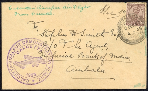 BRITISH COMMONWEALTH INDIA Flight Covers 1925 (2 Feb) RAF Demonstration Flight, Calcutta-Risalpur, cover franked with 1a George V adhesive, with large violet "Calcutta-Risalpur Demonstration...