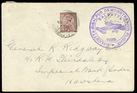 BRITISH COMMONWEALTH INDIA Flight Covers 1925 (2 Feb) RAF Demonstration Flight, Calcutta-Risalpur, cover franked with 1a George V adhesive, with large violet "Calcutta-Risalpur Demonstration...