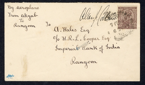 BRITISH COMMONWEALTH INDIA Flight Covers 1925 (7 Feb) Anglo-Indian Survey Flight by Alan Cobham, cover franked with 1a George V, flown from Akyab to Rangoon, endorsed "By Aeroplane from Akyab...