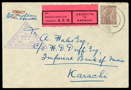 BRITISH COMMONWEALTH INDIA Flight Covers 1925 (19 Feb) Anglo-Indian Survey Flight by Alan Cobham, cover flown from Calcutta to Karachi, franked with 1a George V and a red flight vignette, tied...