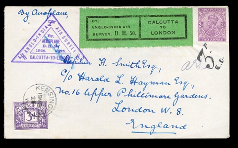 BRITISH COMMONWEALTH INDIA Flight Covers 1925 (16 Feb) Anglo-Indian Survey Flight by Alan Cobham, cover flown from Calcutta to London bearing an uncanceled 2a George V and the green flight...