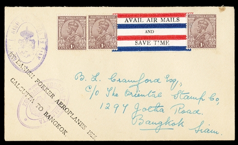 BRITISH COMMONWEALTH INDIA Flight Covers 1926 (4 Apr) Calcutta-Bangkok First Flight cover franked with 3x1a George V adhesives (uncanceled) over the Thai-themed "Avail Air Mails and Save Time"...