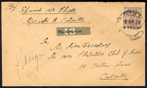 BRITISH COMMONWEALTH INDIA Flight Covers 1926 (19 Apr) Madrid to Manila flight by Spanish aviators Capts Loriga and Gonzalez-Gallarza, cover endorsed "By Spanish Air Flight, Karachi to...