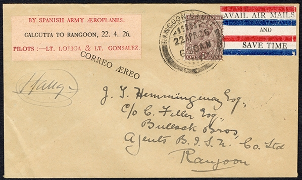 BRITISH COMMONWEALTH INDIA Flight Covers 1926 (22 Apr) Madrid to Manila flight by Spanish aviators Capts Loriga and Gonzalez-Gallarza, cover with pink label "By Spanish Army Aeroplanes,...