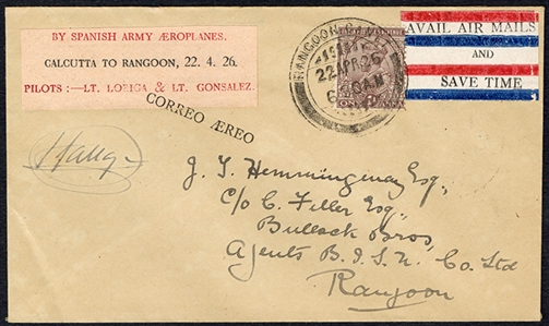 BRITISH COMMONWEALTH INDIA Flight Covers 1926 (22 Apr) Madrid to Manila flight by Spanish aviators Capts Loriga and Gonzalez-Gallarza, cover with pink label "By Spanish Army Aeroplanes,...