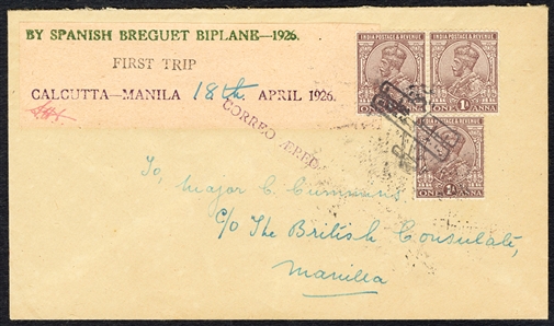 BRITISH COMMONWEALTH INDIA Flight Covers 1926 (18 Apr) Madrid to Manila flight by Spanish aviators Capts Loriga and Gonzalez-Gallarza, cover with pink label ""By Spanish Brequet Biplane First...