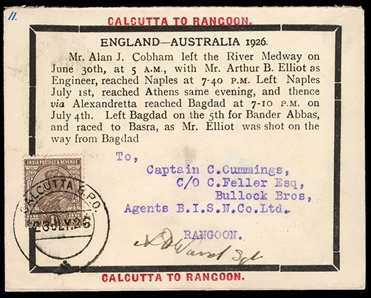 BRITISH COMMONWEALTH INDIA Flight Covers 1926 (23 July) England to Australia flight by Alan Cobham, cover with a printed black border and explanation that Arthur Elliot, the flight engineer,...