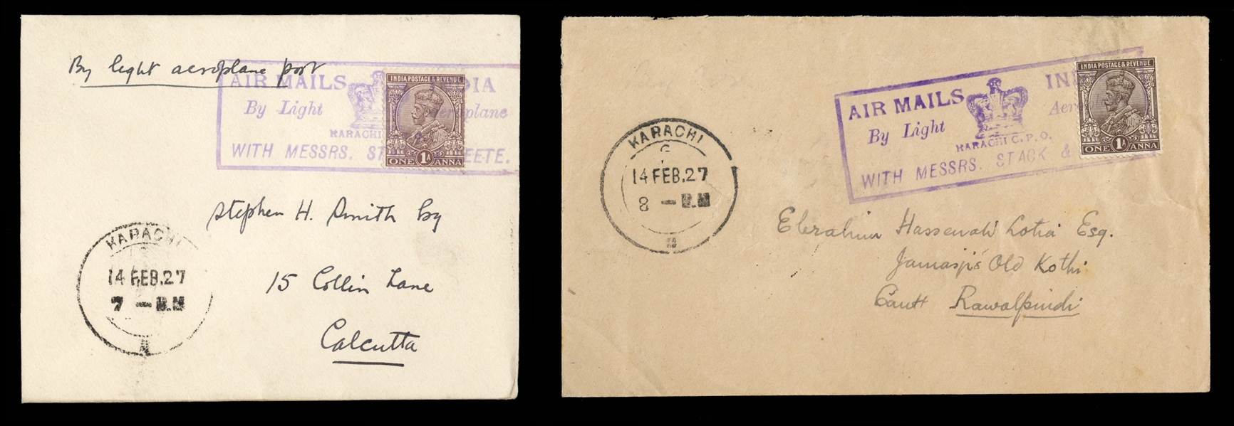BRITISH COMMONWEALTH INDIA Flight Covers 1927 (14 Feb) Karachi to Lahore, cover franked with 1a George V, tied by framed "Air Mails India by Light Aeroplane Karachi G.P.O. with Messrs. Stack &...