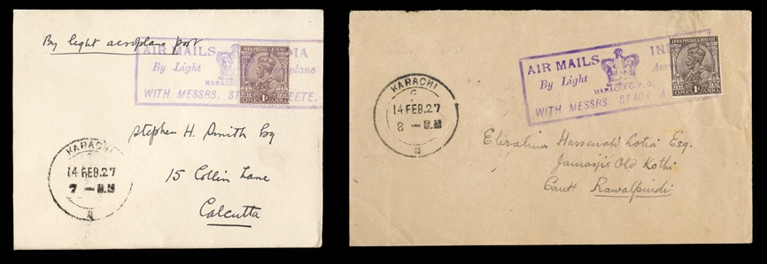 BRITISH COMMONWEALTH INDIA Flight Covers 1927 (14 Feb) Karachi to Lahore, cover franked with 1a George V, tied by framed "Air Mails India by Light Aeroplane Karachi G.P.O. with Messrs. Stack &...